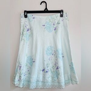 J. Jill 100% Linen Watercolor Floral A-Line Skirt – Light Blue, Lace Trim, LP